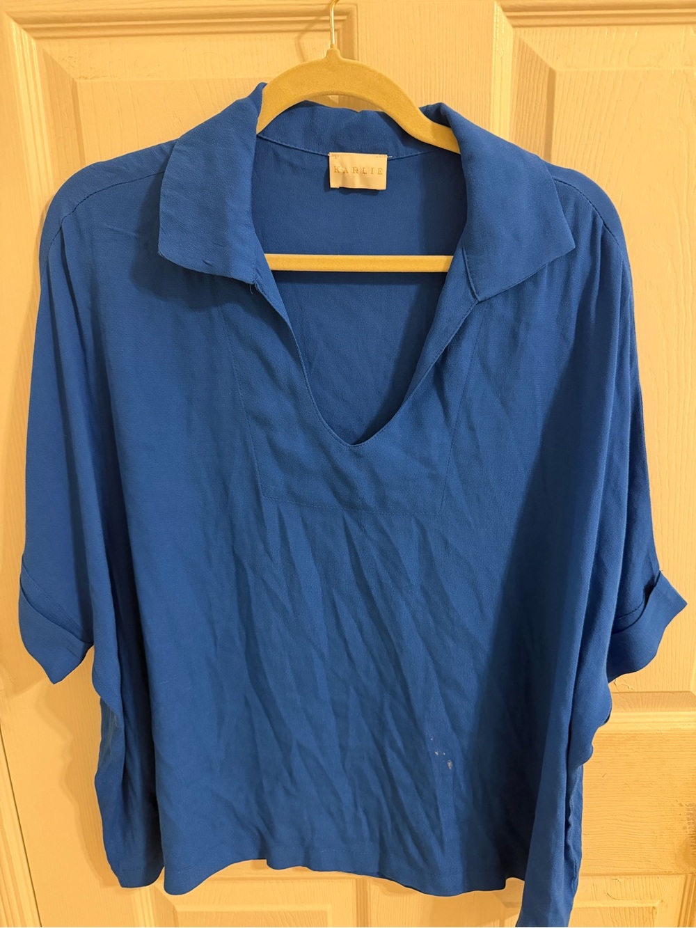Karlie Relaxed V-Neck Collared Tunic Top - Blue
